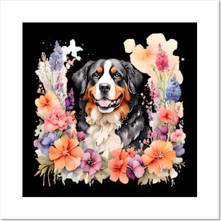 A bernese mountain dog decorated with beautiful watercolor flowers Posters and Art